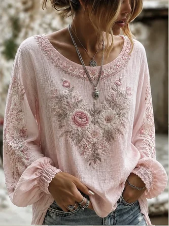 Flower Round Neck Loose Long Sleeve Blouse