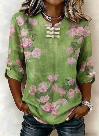Floral Casual Mandarin Collar Blouse