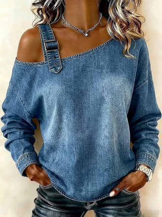 Buckle Faux Denim Print Graphic Casual Regular Fit Sweatshirt