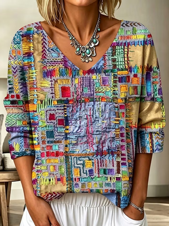Three Quarter Sleeve T shirt Spring Fall Abstract V Neck Daily Going Out Casual Top