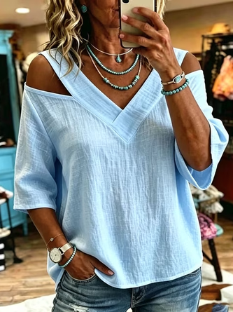 Half Sleeve Blouse Summer Plain V Neck Daily Going Out Casual Top