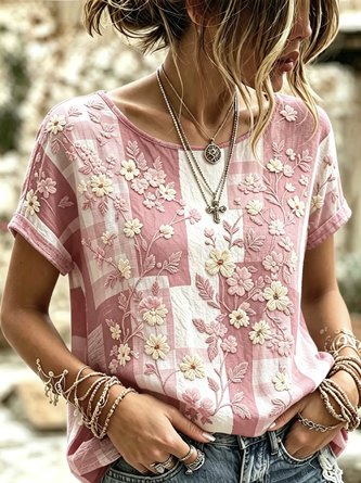 Floral Round Neck Loose Short Sleeve Blouse