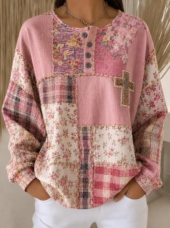 Plaid Floral Patch Cross Henry Neck Long Sleeve Blouse