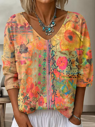 Three Quarter Sleeve T shirt Spring Fall Floral V Neck Daily Going Out Casual Top