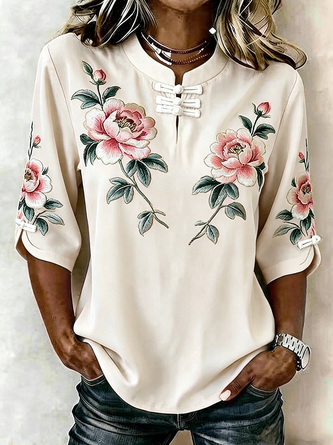 Vintage Regular Fit Floral Mandarin Collar Blouse
