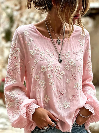 Long Sleeve Blouse Spring Fall Floral Printing Crew Neck Daily Going Out Vintage Top
