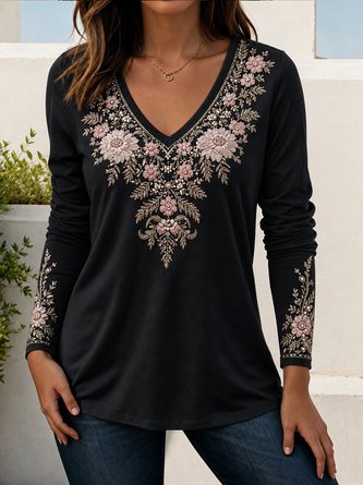 V Neck Daisy Floral Slim Fit Long Sleeve Work Top