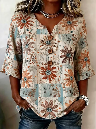 Half Sleeve Blouse Summer As Picture Floral Printing V Neck Daily Going Out Vintage Top