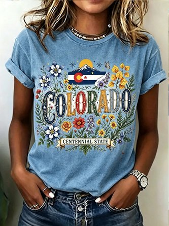 Colorado Mountain Floral Crew Neck Casual Tee