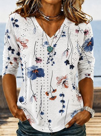 Watercolor Floral V Neck Loose Daily Long Sleeve Tee