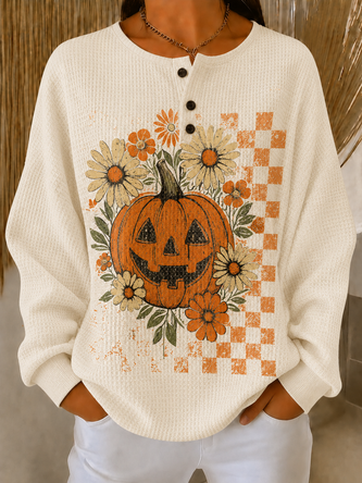 Regular Fit Geometric Henley Collar Simple Sweatshirt
