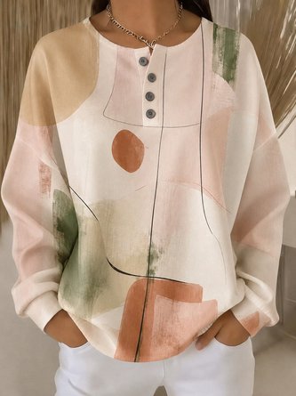 Abstract Geometric Block Henry Neck Loose Long Sleeve Top