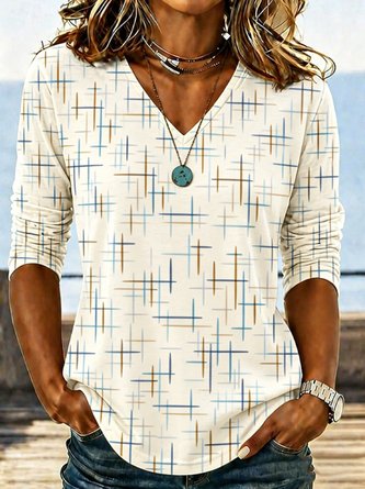 Cross Line Print V Neck Versatile Long Sleeve Top