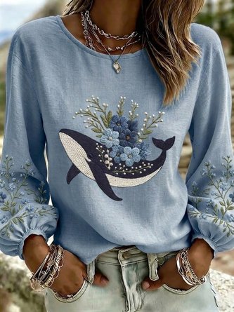 Printing Crew Neck Simple Loose Blouse