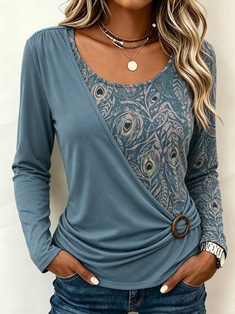 Peacock Feather Fake Wrap Ruched Waist Long Sleeve Top