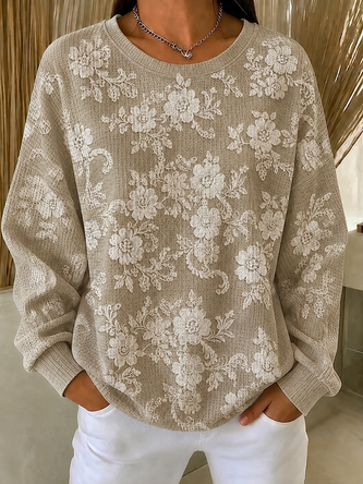 Casual Printed Crew Neck Waffle Knit Long Sleeve Sweatshirt