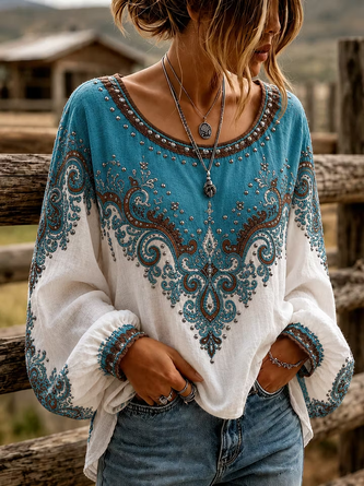 Paisley Pattern Crew Neck Versatile Long Sleeve Top