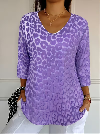 Three Quarter Sleeve T shirt Spring Fall Leopard Printing V Neck Daily Going Out Casual Top