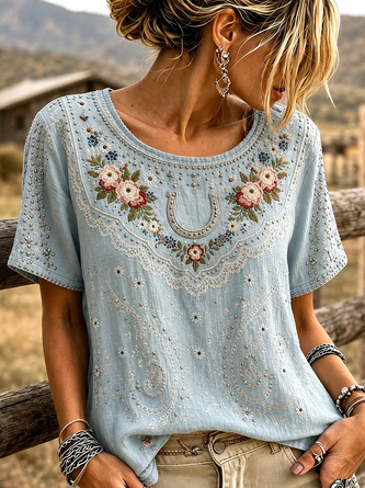 Horseshoe Paisley Floral Crew Neck Western Short Sleeve Top