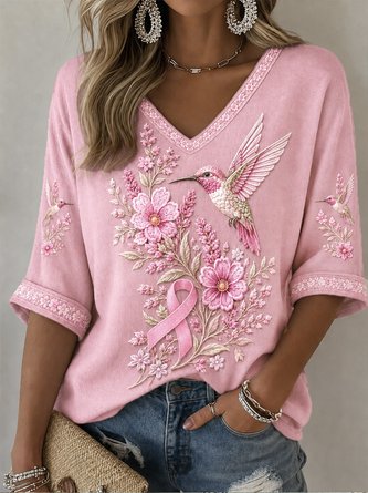 Hummingbird Floral Ribbon V Neck Blouse