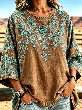 Vine 3 4 Sleeve Western Casual Top