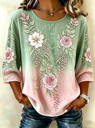 Half Sleeve Blouse Summer As Picture Floral Printing Crew Neck Daily Going Out Vintage Top
