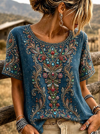 Gem Print Vine Boho Crew Neck Retro Top