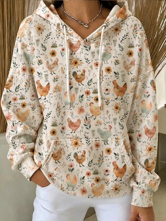 Farm Chicken Sunflower Print Pocket Hoodie