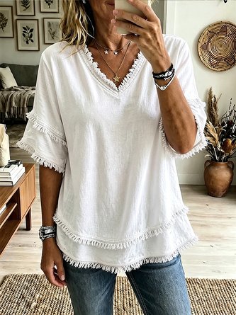 Casual Plain V Neck Blouse