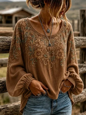 Vintage Floral Crew Neck Long Sleeve Top