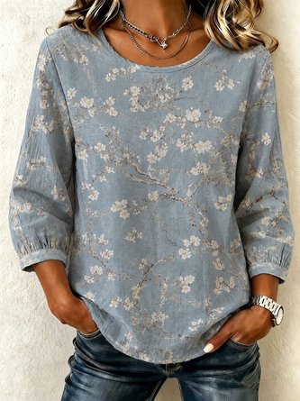 Blossom Branch Print Crew Neck 3 4 Sleeve Top