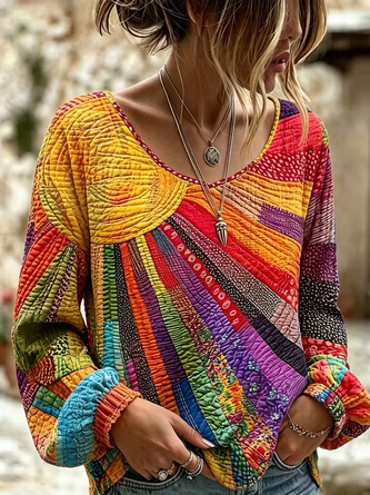 Geometric Patchwork V Neck Retro Long Sleeve Blouse