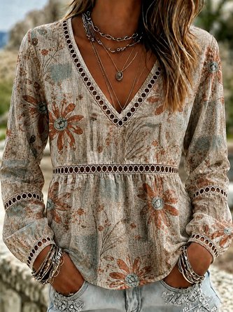 Vintage Big Daisy V Neck Vacation Long Sleeve Top