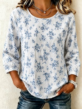 Floral Print Round Neck 3 4 Sleeve Blouse