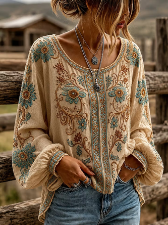 Boho Floral Crew Neck Western Top