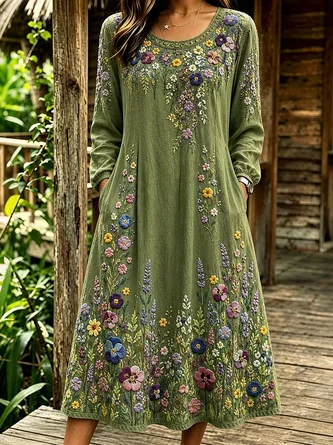 Wildflower Meadow Crew Neck Midi Dress