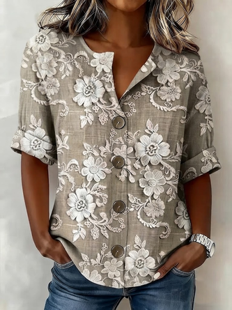 Long Sleeve Shirt Spring Fall As Picture Floral Buckle Stand Collar Daily Going Out Casual Top