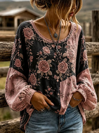 Floral Patch Crew Neck Retro Long Sleeve Tee