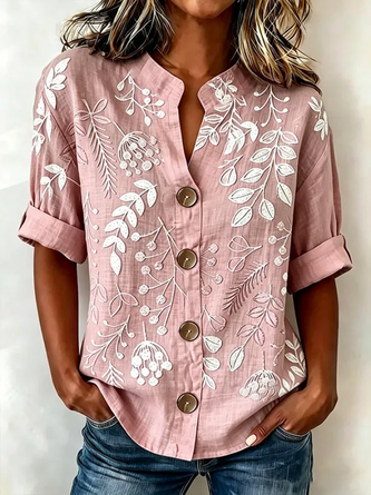 Long Sleeve Shirt Spring Fall Floral Buckle Stand Collar Daily Going Out Casual Top
