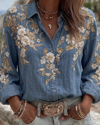Long Sleeve Shirt Spring Fall Floral Buckle Shirt Collar Daily Going Out Casual Top