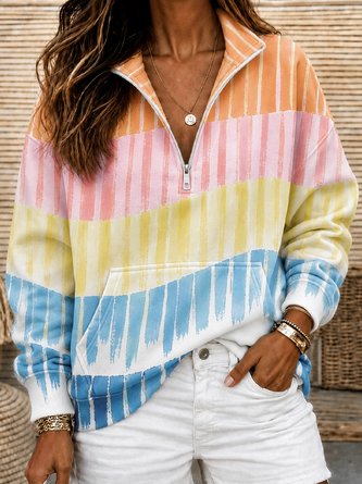 Block Stand Collar Loose Sweatshirt