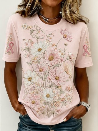 Flower Ribbon Logo Crew Neck Casual Short Sleeve Top