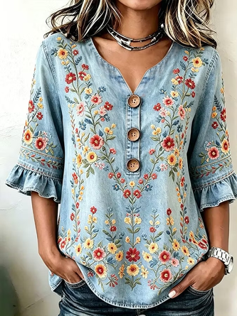 Half Sleeve Blouse Summer Faux Denim Print Graphic Printing V Neck Daily Going Out Vintage Top