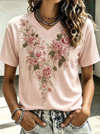 Peony Floral V Neck Classic Short Sleeve Tee
