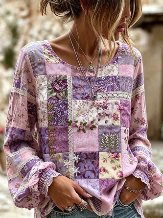 Printing Casual Crew Neck Contrast Stitching Blouse