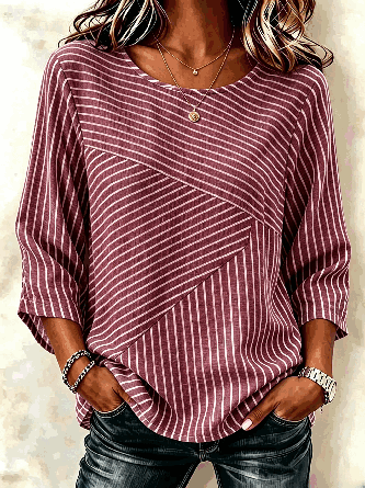 Crew Neck Striped Casual Blouse
