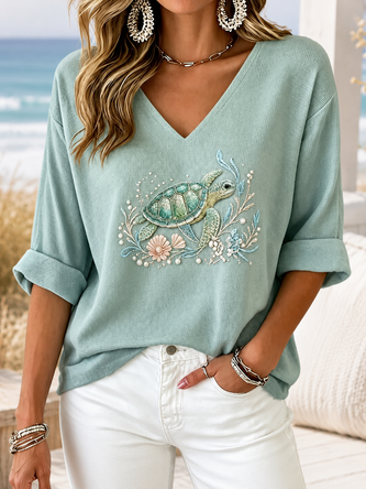 Vintage V Neck Loose Marine Life T Shirt