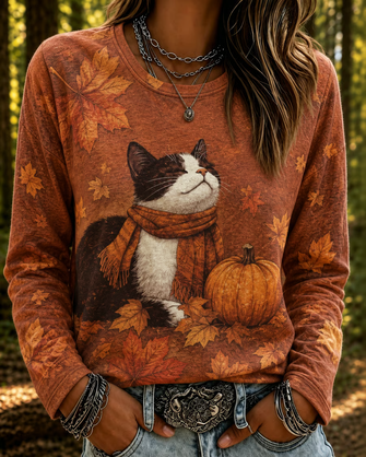 Long Sleeve T shirt Spring Fall Brown Maple Leaf Printing Jersey Crew Neck Daily Going Out Casual Top