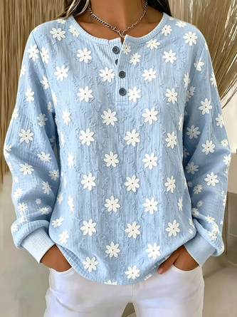 Floral Print Button Casual Waffle Knit Sweatshirt