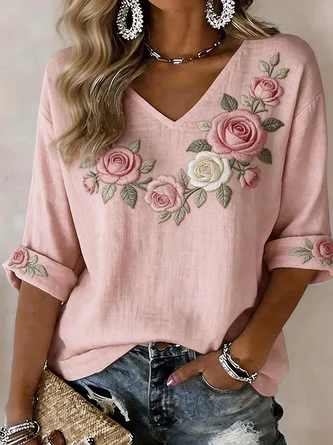 Half Sleeve T shirt Summer Floral Printing V Neck Holiday Going Out Vintage Top